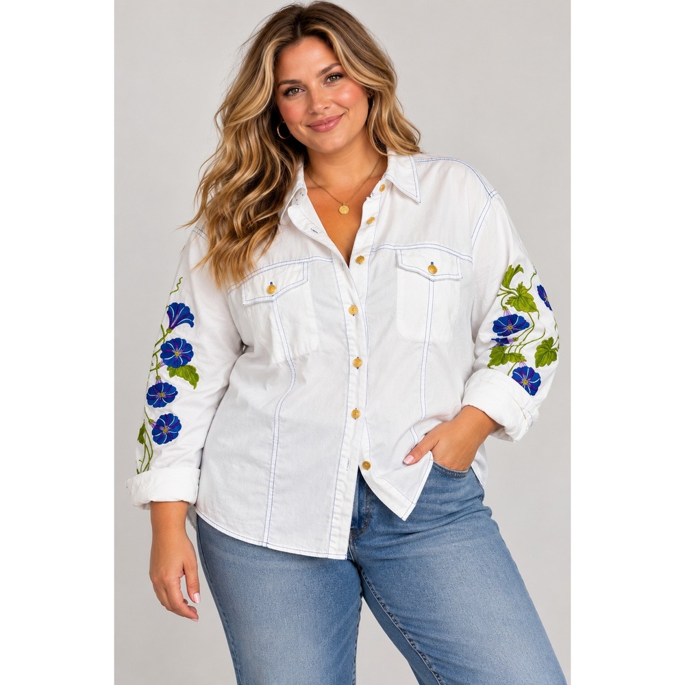 Bob Mackie Wearable Art sIZE 2X Cottagecore Morning Glory Floral Embroidered Top